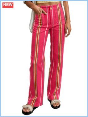 High Waisted Striped Wide Leg Cotton Blend Jeans Stretchy Denim Pants